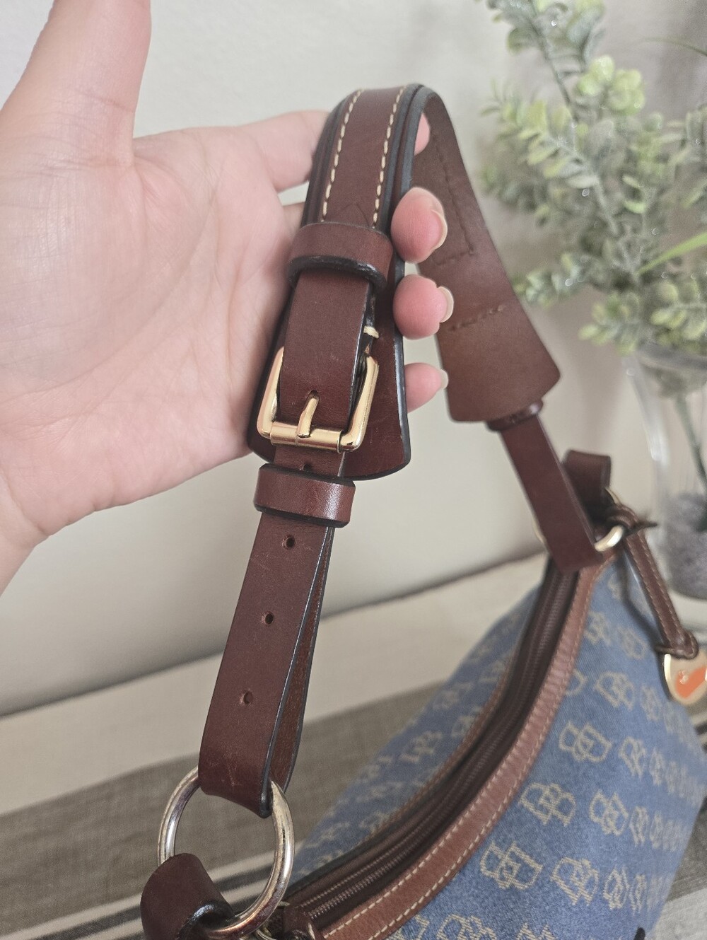 Dooney & Bourke Blue Denim Logo Hobo with Brown Trim, Medium East/West Slouch - Picture 13 of 17